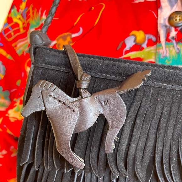 RALPH LAUREN Black Suede Fringed Bag w/Horse Charm - Picture 3 of 12